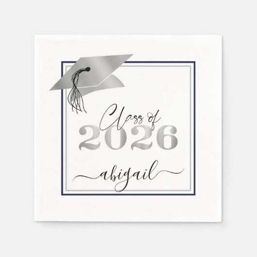 Serviette En Papier Graduation Metallic Silver Script Classe de 2025 (Devant)