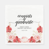 Serviette En Papier Graduation moderne Pink Red Floral Script (Devant)
