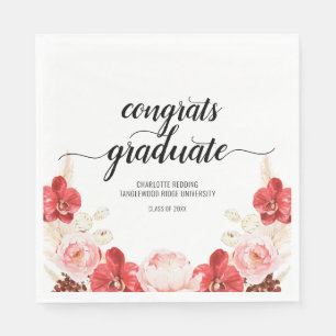 Serviette En Papier Graduation moderne Pink Red Floral Script