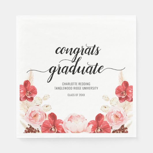 Serviette En Papier Graduation moderne Pink Red Floral Script (Devant)