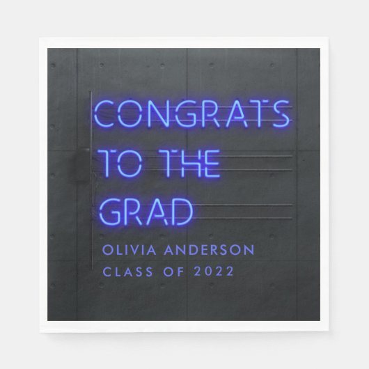 Serviette En Papier Graduation néon bleu typographie moderne congrats (Devant)