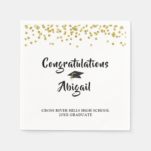 Serviette En Papier Graduation Noir Gold Confetti Brush Script (Devant)