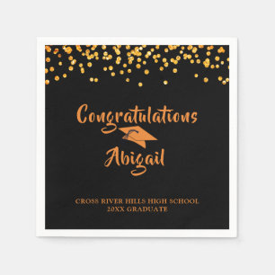 Serviette En Papier Graduation Noir Orange Confetti Brush Script