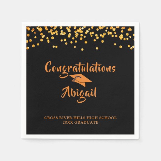 Serviette En Papier Graduation Noir Orange Confetti Brush Script (Devant)