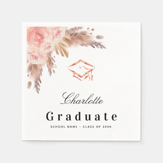 Serviette En Papier Graduation pampas herbe rose or blush floral casqu (Devant)