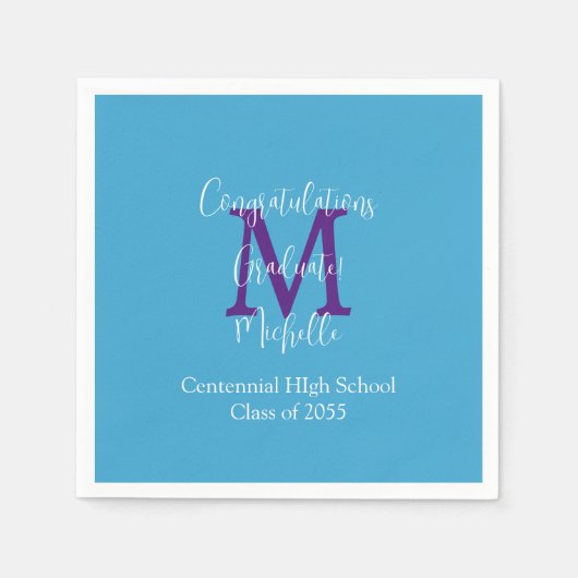 Serviette En Papier Graduation Party Bleu pourpre Blanc Nom Monogramme (Devant)
