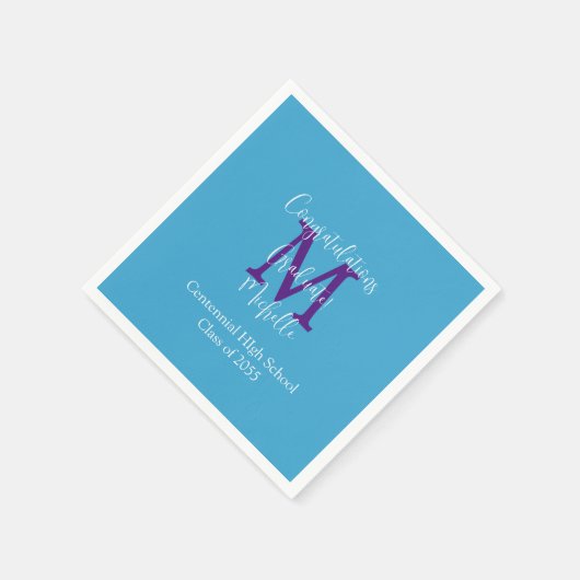 Serviette En Papier Graduation Party Bleu pourpre Blanc Nom Monogramme (Coin)