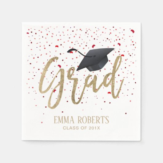 Serviette En Papier Graduation Party moderne Gold Script Red Confetti (Devant)