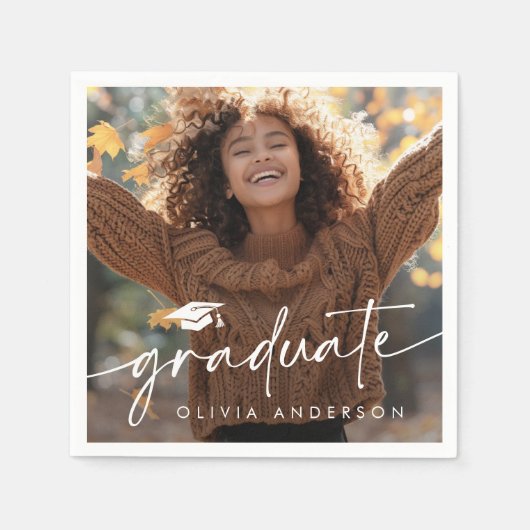Serviette En Papier Graduation photo élégant script casquette diplômé (Devant)