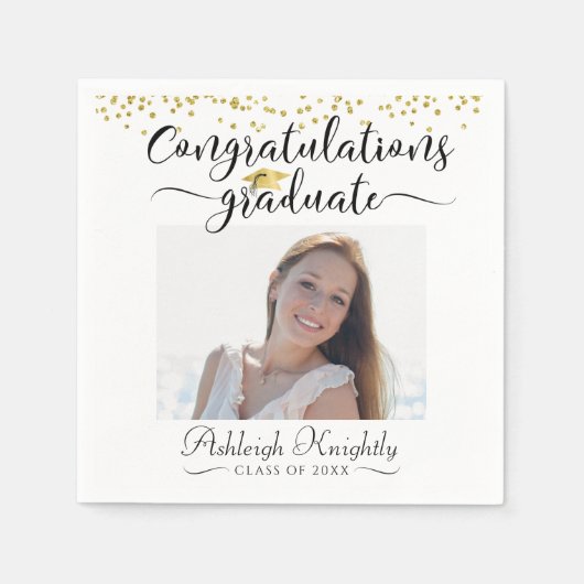 Serviette En Papier Graduation Photo GRATS GRAD Script Confetti (Devant)
