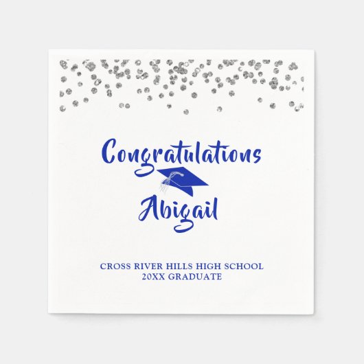 Serviette En Papier Graduation Royal Blue Silver Confetti Brush Script (Devant)