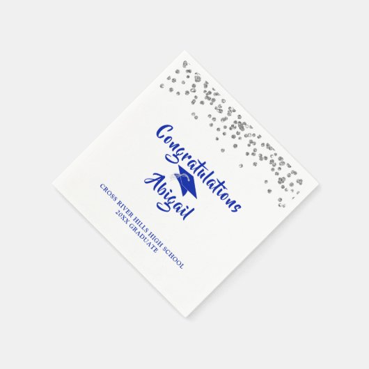 Serviette En Papier Graduation Royal Blue Silver Confetti Brush Script (Coin)