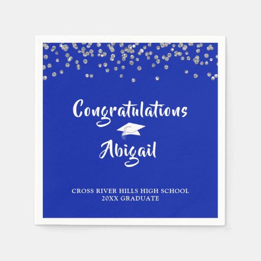 Serviette En Papier Graduation Royal Blue Silver Confetti Brush Script (Devant)