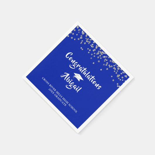 Serviette En Papier Graduation Royal Blue Silver Confetti Brush Script (Coin)