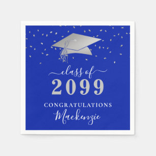 Serviette En Papier Graduation Royal Blue Silver Confetti Script