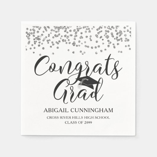 Serviette En Papier Graduation Silver Confetti CONGRATS GRAD Nom (Devant)