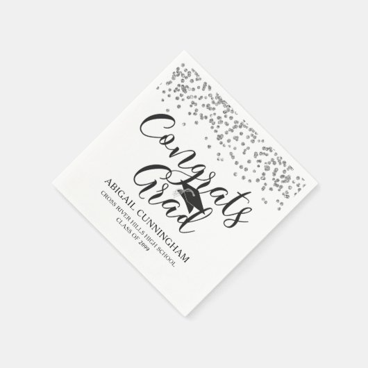 Serviette En Papier Graduation Silver Confetti CONGRATS GRAD Nom (Coin)
