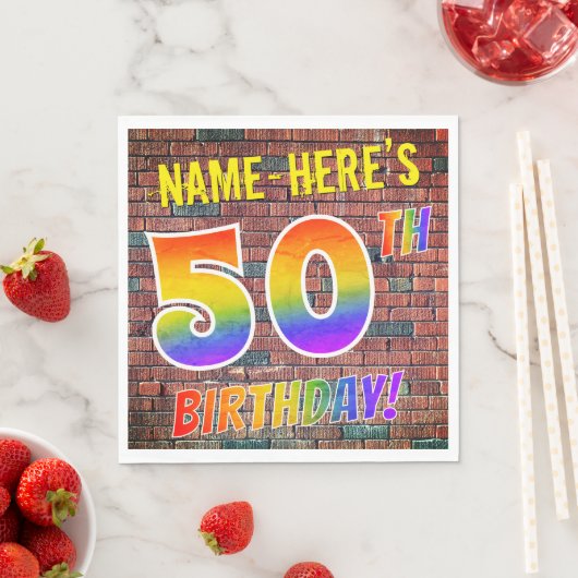 Serviette En Papier Graffiti arc-en-ciel Look 50E ANNIVERSAIRE! + Nom  (En situation)