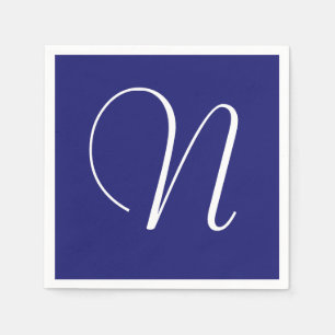 Serviette En Papier Grand monogramme blanc élégant   Bleu minuit