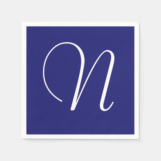 Serviette En Papier Grand monogramme blanc élégant | Bleu minuit (Devant)