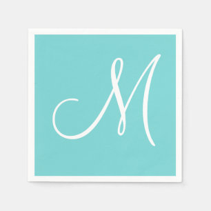 Serviette En Papier Grand monogramme blanc élégant   Pastel Turquoise