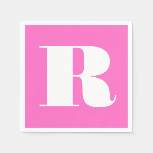 Serviette En Papier Grand monogramme blanc élégant | Rose néon (Devant)