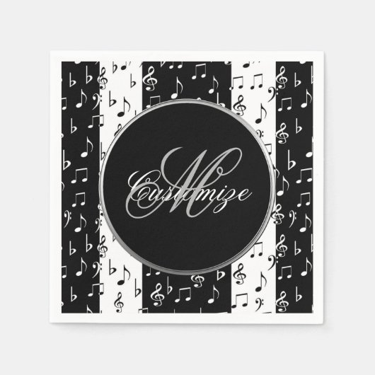 Serviette En Papier Grandes bandes musicales noires et blanches monogr (Devant)