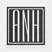 Serviette En Papier Gras moderne 3 initiales Monogramme | Blanc sur no (Devant)