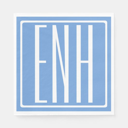 Serviette En Papier Gras moderne 3 initiales Monogramme | Bleu doux (Devant)