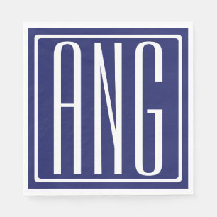 Serviette En Papier Gras moderne 3 initiales Monogramme   bleu marine