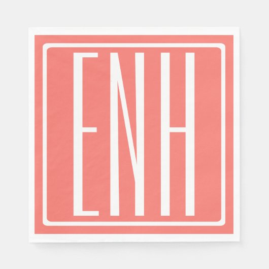 Serviette En Papier Gras moderne 3 initiales Monogramme | Corail (Devant)