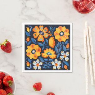 Serviette En Papier Gras Retro Floral Illustration en orange et bleu
