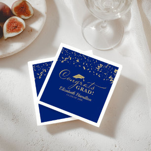Serviette En Papier Grats Grand Gold Script Grad Graduation Bleu