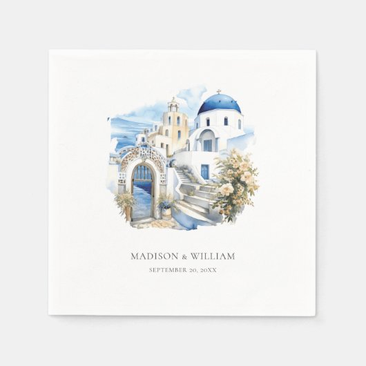 Serviette En Papier Grèce Aquarelle Personnalisée Minimale Mariage (Devant)