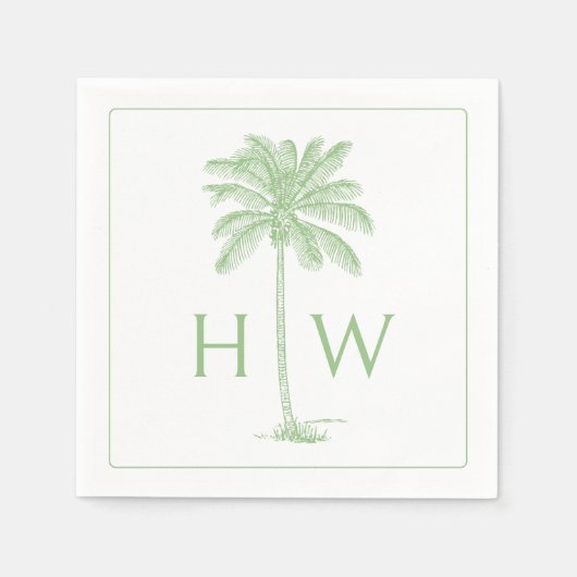 Serviette En Papier Green and White Palm Palmetto Tree Monogram (Devant)