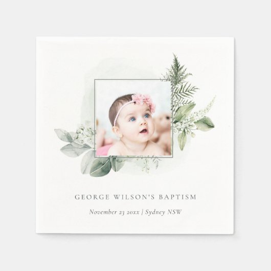 Serviette En Papier Green Eucalyptus Photo Foliage Croix Baptême (Devant)