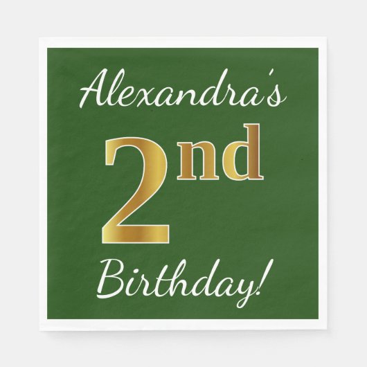 Serviette En Papier Green, Faux Gold 2e anniversaire + Nom personnalis (Devant)