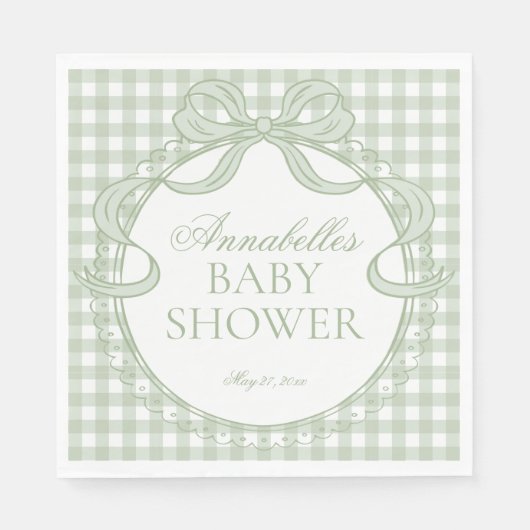 Serviette En Papier Green Gingham Coquette Bow Baby Shower Dessert (Devant)