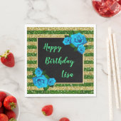 Serviette En Papier Green Gold Stripes Parties scintillant Blue Roses  (En situation)