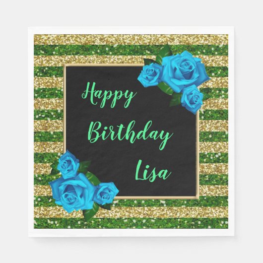 Serviette En Papier Green Gold Stripes Parties scintillant Blue Roses  (Devant)