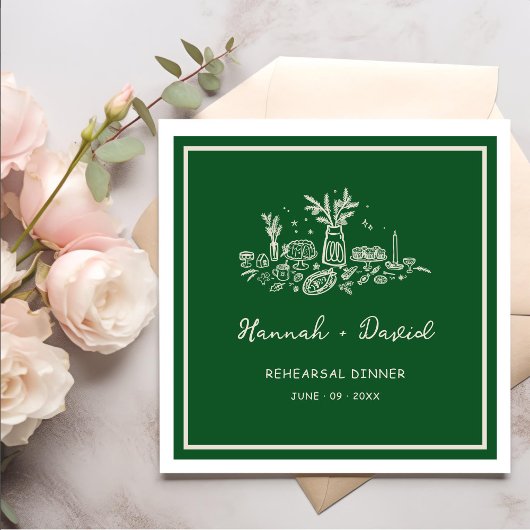 Serviette En Papier Green Hand Drawn Modern Rehearsal Dinner Wedding