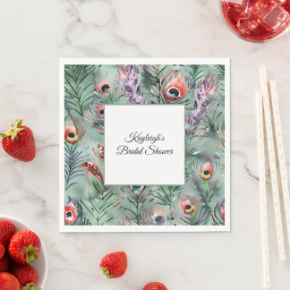Serviette En Papier Green Red Peacock Feathers Bridal Shower