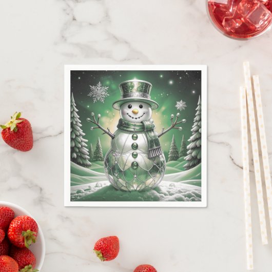 Serviette En Papier Green Snowman Snowflakes Holiday Napkin (En situation)