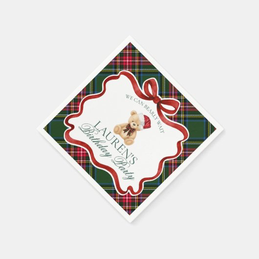 Serviette En Papier Green Tartan Plaid Christmas Bear Birthday Party (Coin)
