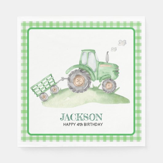 Serviette En Papier Green Tractor birthday napkins checkered gingham (Devant)