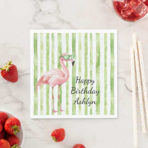 Serviette En Papier Green White Stripes Flamant rose rose Anniversaire