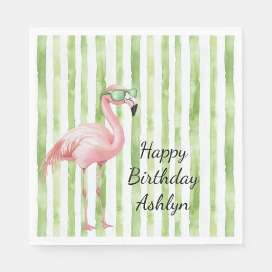 Serviette En Papier Green White Stripes Flamant rose rose Anniversaire (Devant)