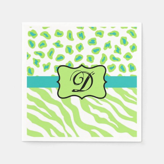 Serviette En Papier Green White Zebra Leopard Skin Monogram (Devant)