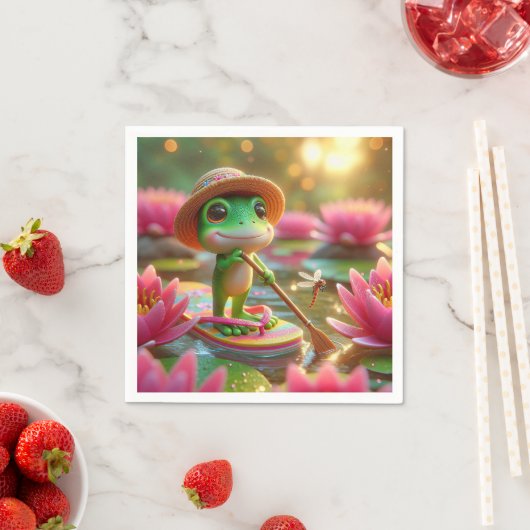 Serviette En Papier Grenouille sur un tonneau dans un étang (En situation)
