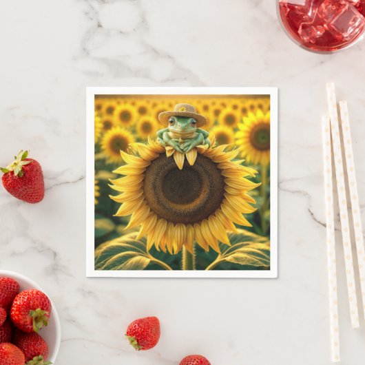 Serviette En Papier Grenouille sur un tournesol jaune (En situation)